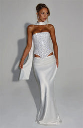 Sequins Scarf Collar Lace Up Corset Top And Satin Maxi Skirt